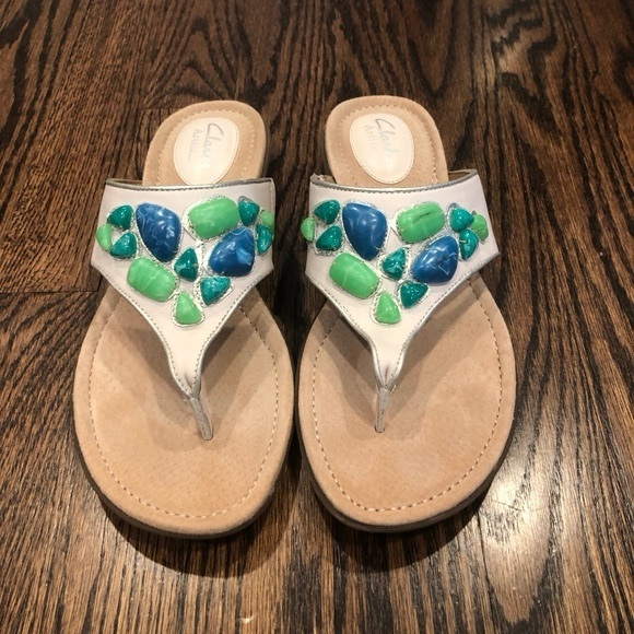 Clarks Artisan Shoes - Clarks Artisan Sandals thing Cream White Leather Green & Blue stone gems 8